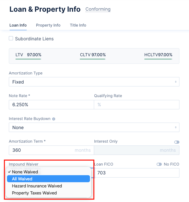 Screenshot of the Loan Info section highlighting the Impound Waiver dropdown