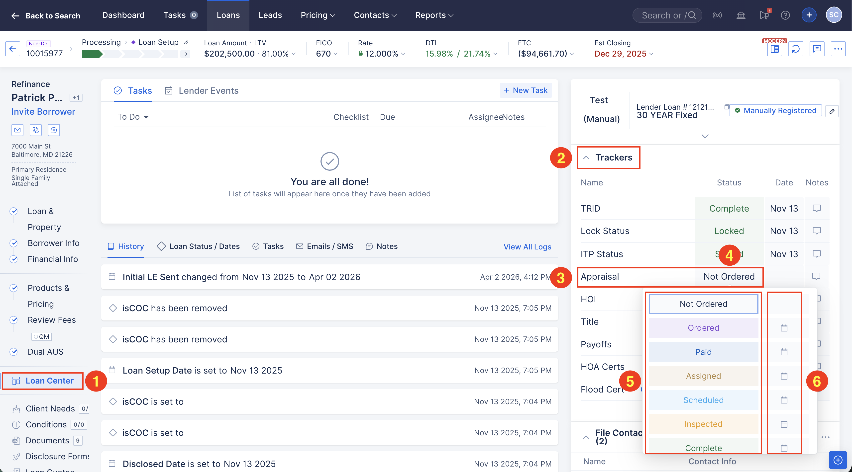Screenshot showing the Trackers widget in the Loan Center where the Appraisal Tracker is located.
