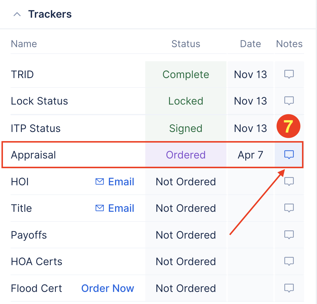 Screenshot showing the status selection, date, and notes locations in the trackers.