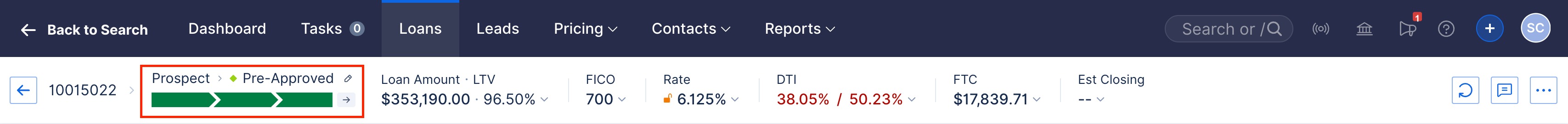 Screenshot of the Status section in the loan action bar.