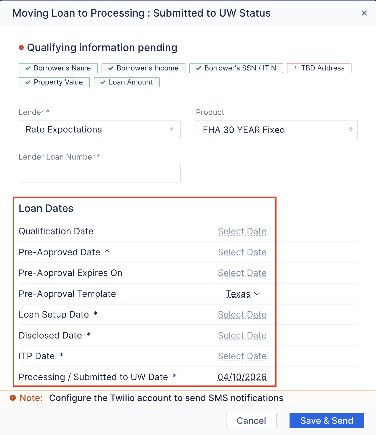 Screenshot of required date fields and loan information needed to move to a new status.