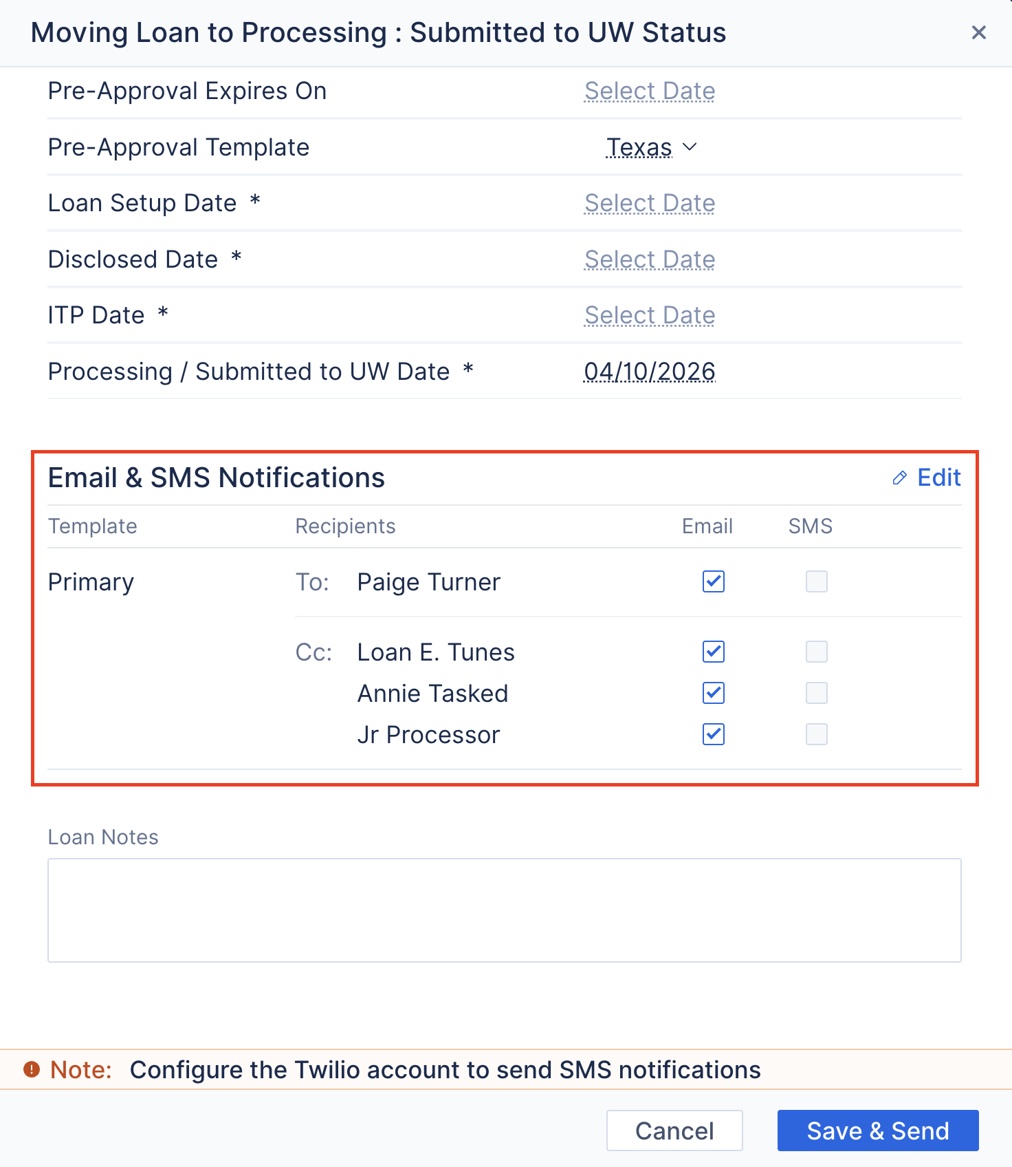 Screenshot of notification recipients and template edit option during status updates.