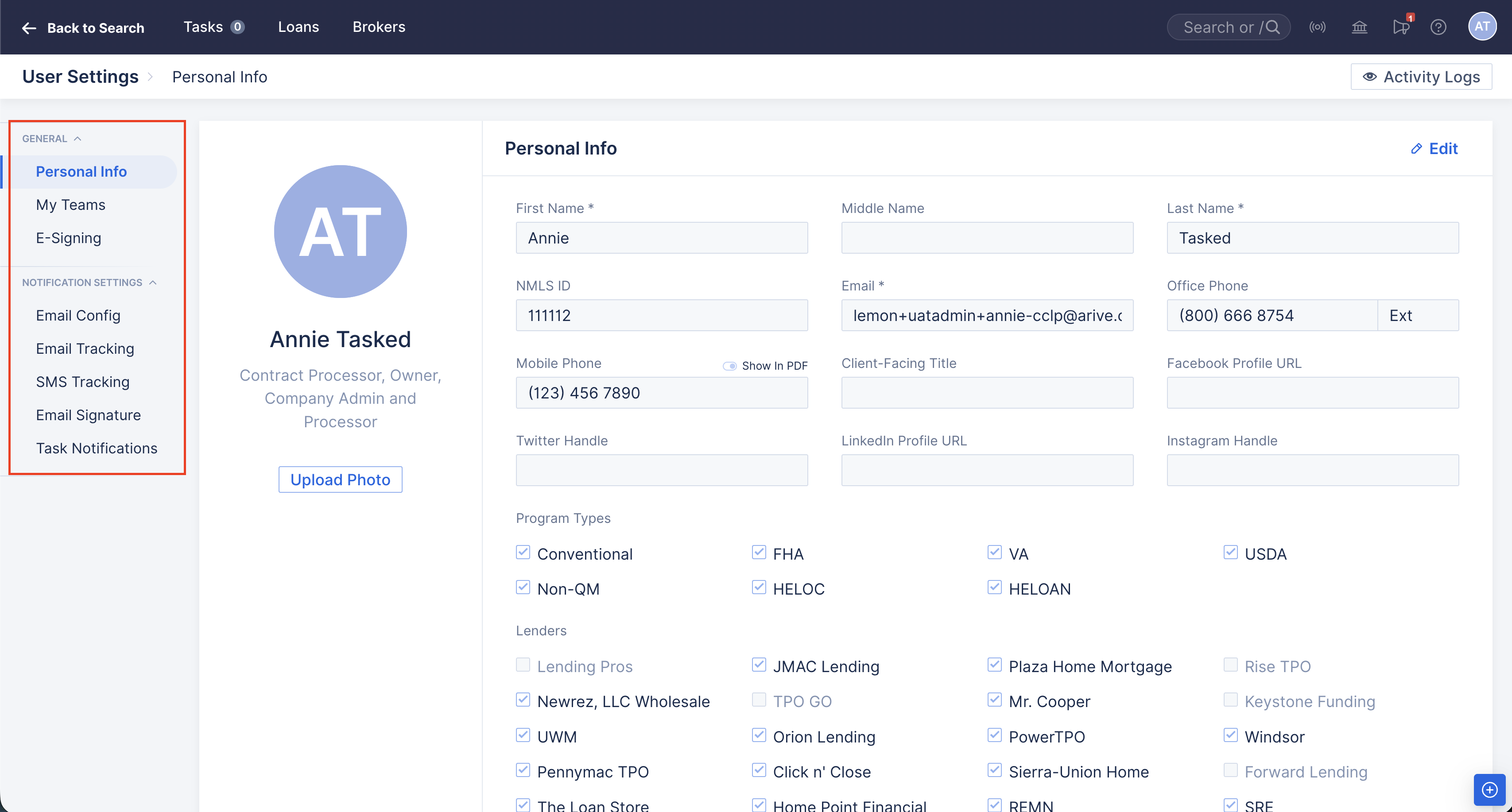 Screenshot of the user settings personal info dashboard displaying Name, Roles, and NMLS ID fields