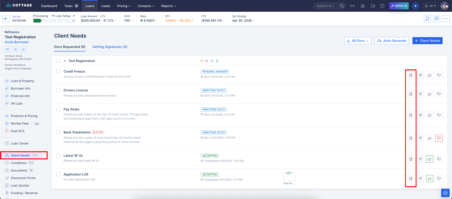 Screenshot of the ARRIVE interface highlighting the document icon on a borrower need