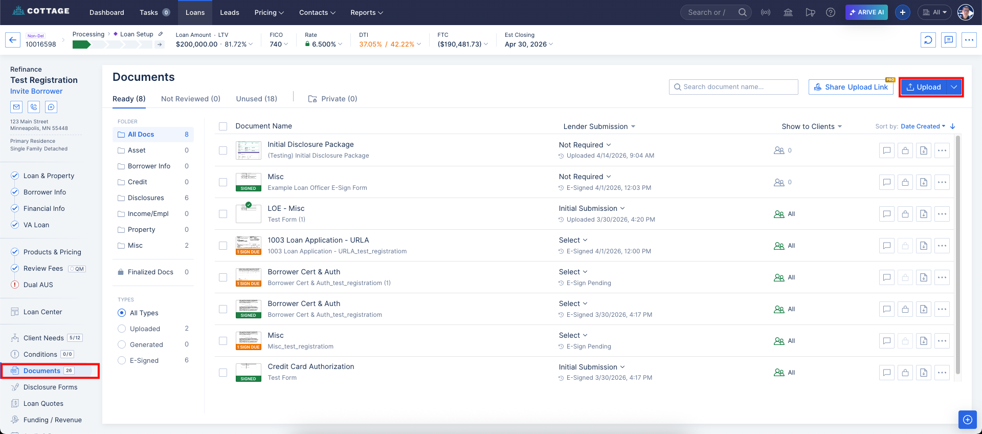 Screenshot of the Documents tab highlighting the Upload button