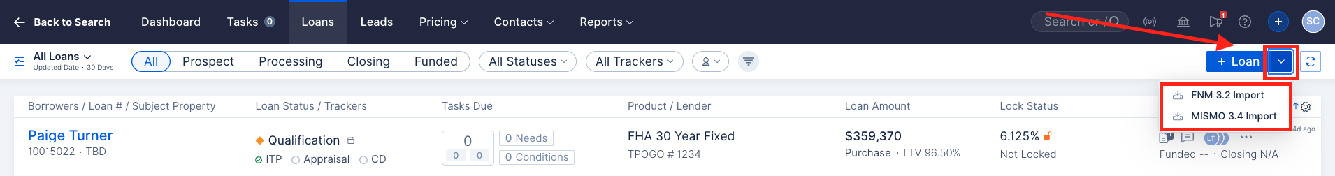 Screenshot showing the loan import interface in ARIVE with options for 3.2 and 3.4 files