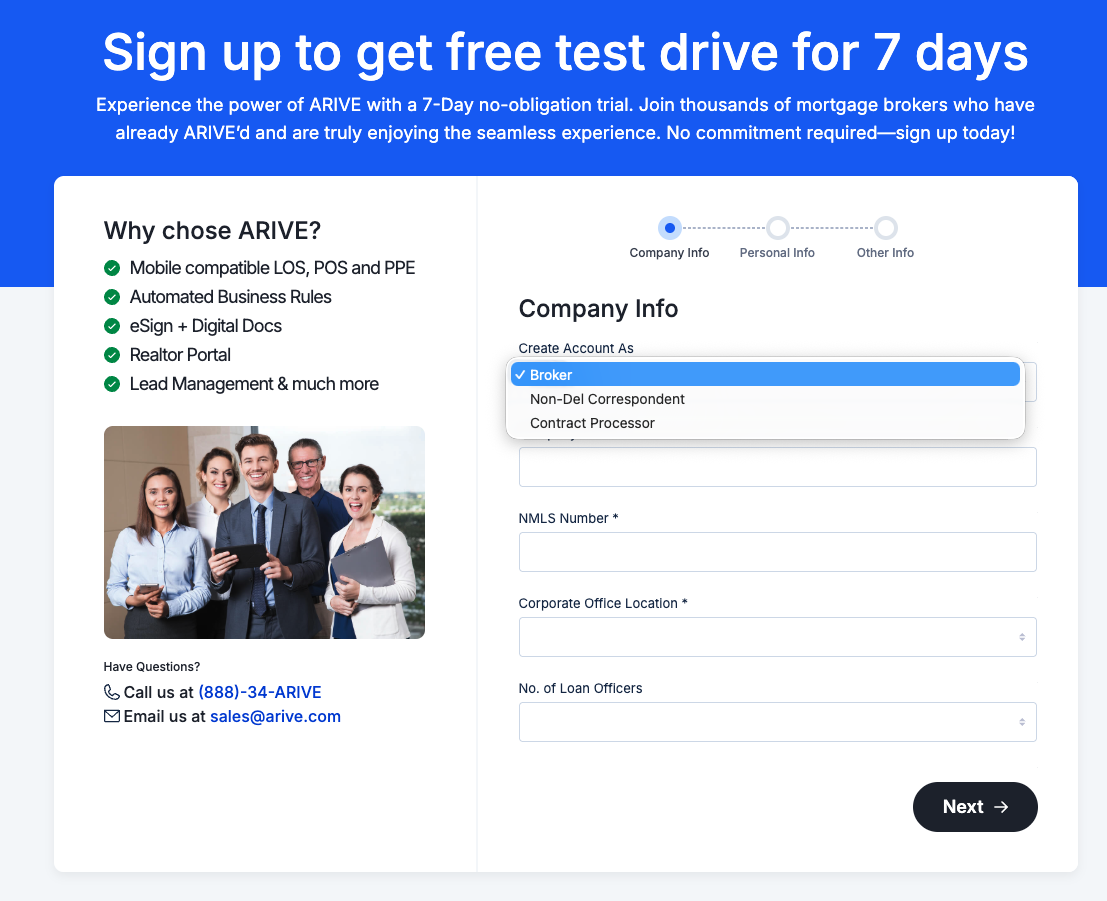 Screenshot showing the ARIVE sign-up registration form. The organization type dropdown is prominently displayed, allowing users to choose between Broker, Non-Delegated, or Contract Processor during account creation.