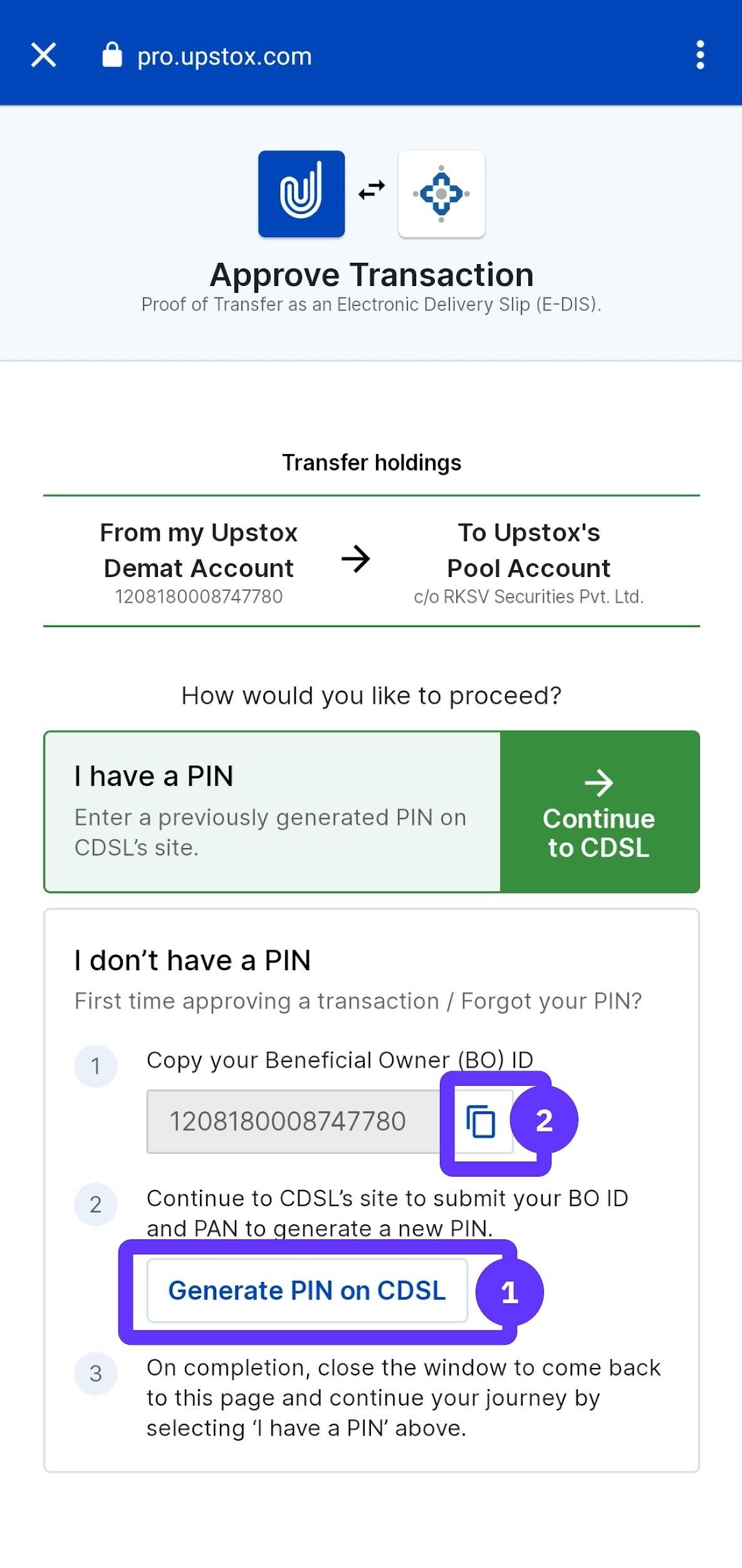 Enter you BO ID and PAN card number (you can copy the BO ID as marked