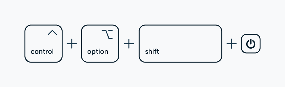 To reset the SMC on Mac, press the right Shift key, the left Option key, and the left Control key and hold for 7 seconds. Then, press and hold the power button.