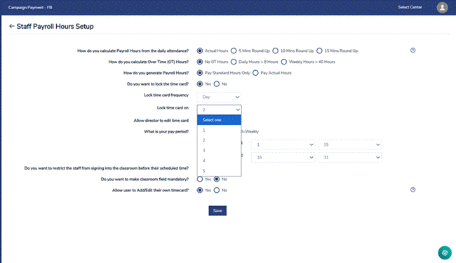 Title: Screenshot 1: Staff Payroll Hours Setup. The Lock time card on drop-down lists 1 to 5 days. - Description: Screenshot 1: Staff Payroll Hours Setup. The Lock time card on drop-down lists 1 to 5 days.