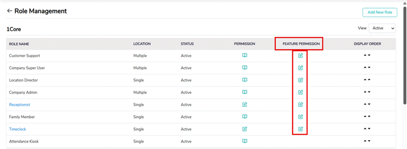 Title: Screenshot 2: Role Management. Use the Feature Permission icon (highlighted) to open a role's feature permissions. - Description: Screenshot 2: Role Management. Use the Feature Permission icon (highlighted) to open a role's feature permissions.