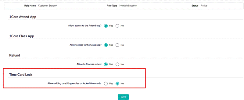 Title: Screenshot 3: Feature Permission for a role. The Time Card Lock section (highlighted) is shown with No selected. - Description: Screenshot 3: Feature Permission for a role. The Time Card Lock section (highlighted) is shown with No selected.