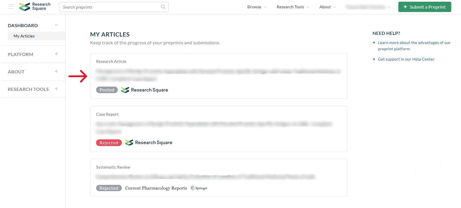 Screenshot of Research Square author dashboard after logging in.