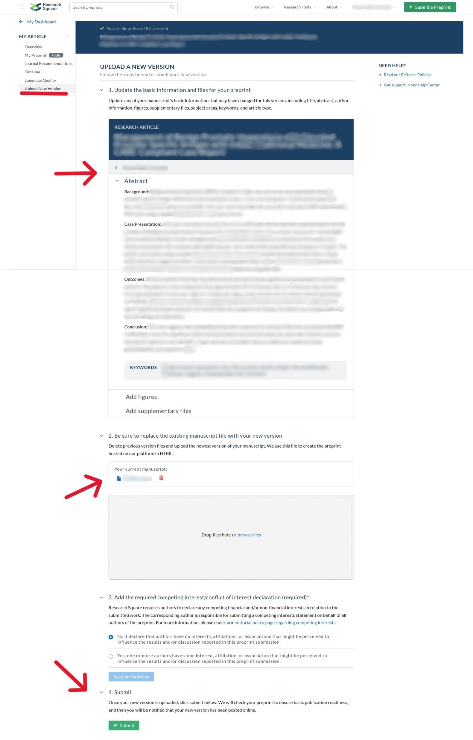Screenshot of the "UPLOAD A NEW VERSION" submission form.