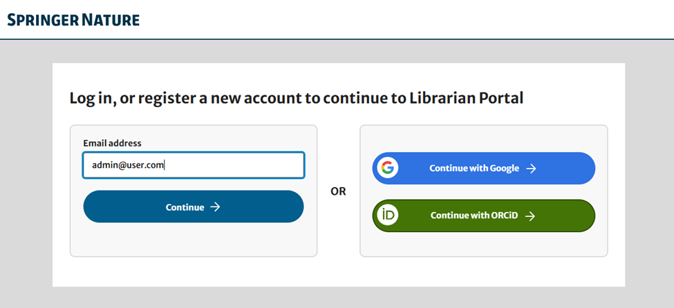 Springer Nature 图书馆员门户登录页面截图,显示了电子邮件输入框和“继续”按钮。