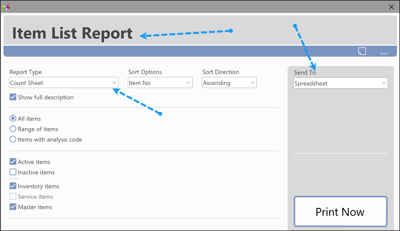 Count Sheet option within the Item List report
