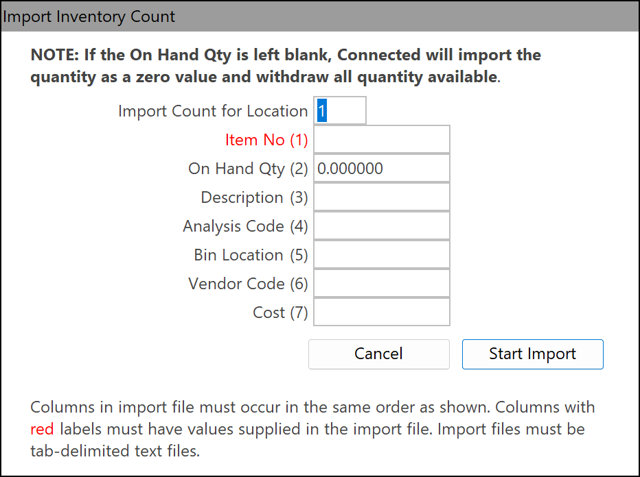 Import Inventory Count window
