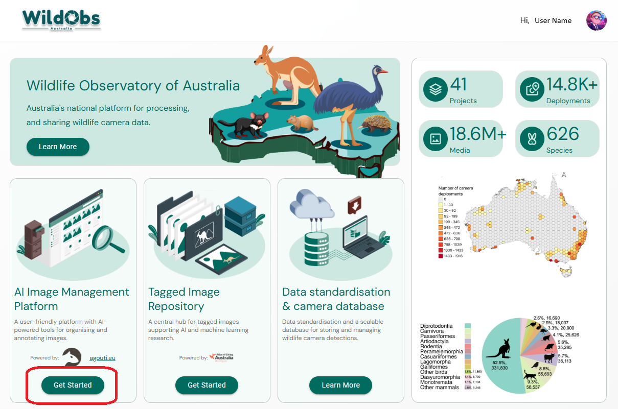 Screen shot of the WildObs dashboard landing page