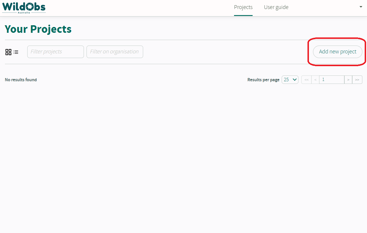 Screen shot of WildObs Image Platform "Projects" page with no projects.