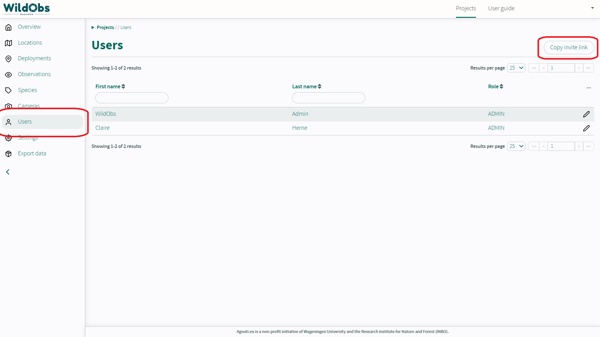 Screen shot of the WildObs Image Platform Project / Users page with areas to click annotated with red boxes.