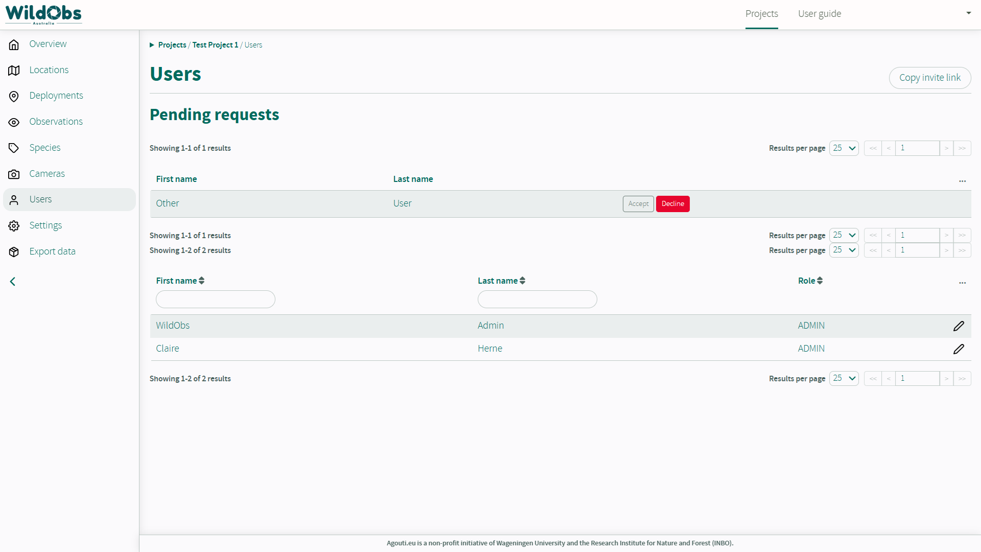Screen shot of WildObs Image Platform showing the Project / Users page with a Pending request.