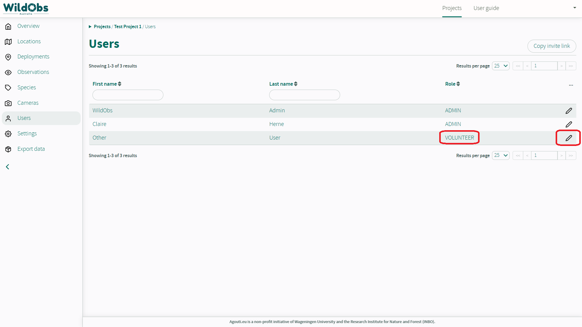 Screen shot of WildObs Image Platform showing a newly added user on the Project / Users page with "Volunteer" Role status.