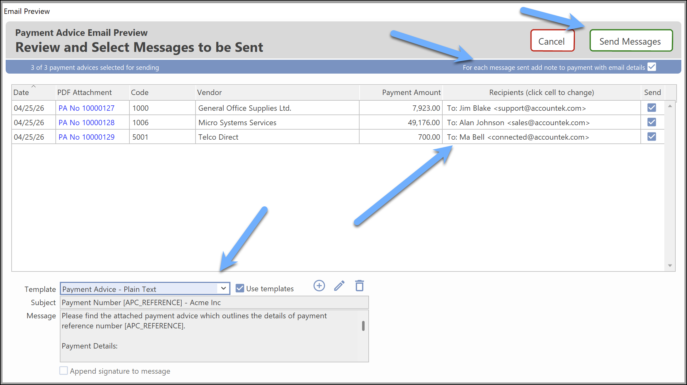Email Preview window listing the payment advices to be sent