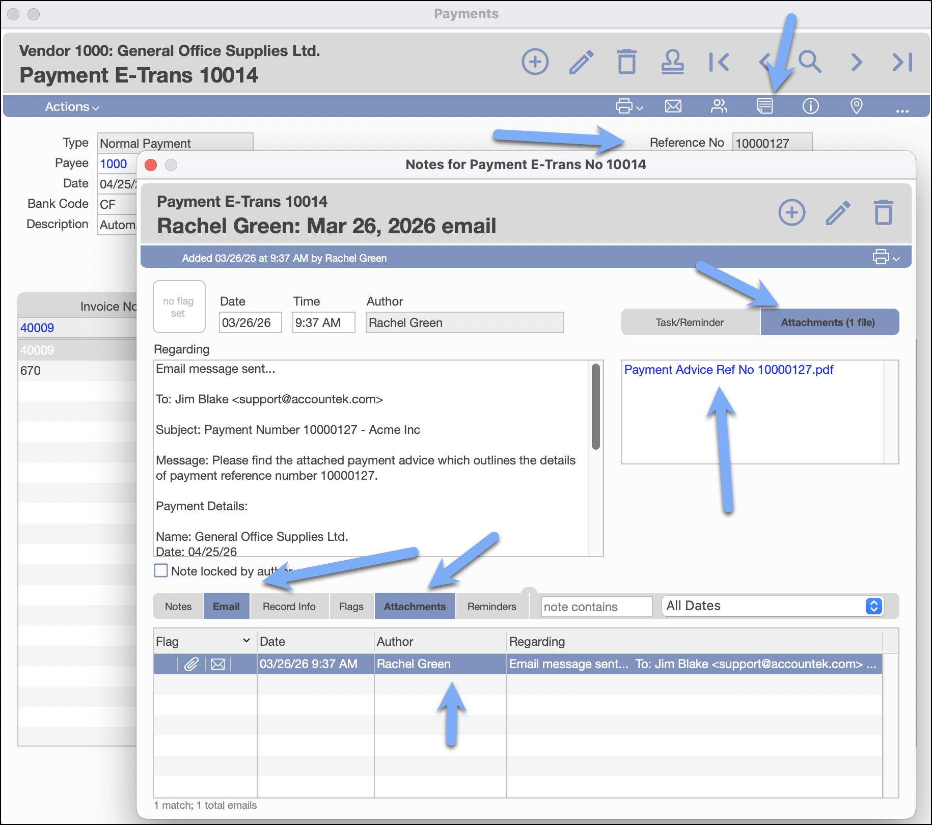 Example of the note logged on a payment record with the email details