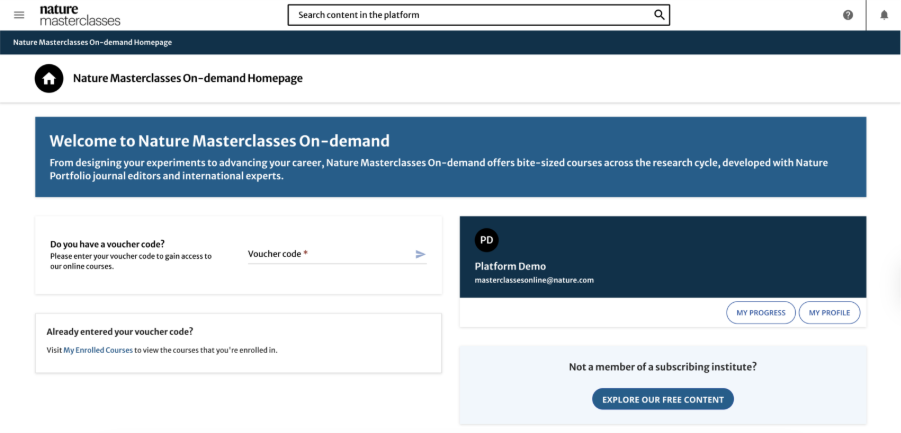 This is a screenshot of the main Nature Masterclasses page. A field for entering your voucher code is displayed on the middle left side of the page.