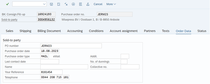 a screenshot of Order Data tab>Your Reference