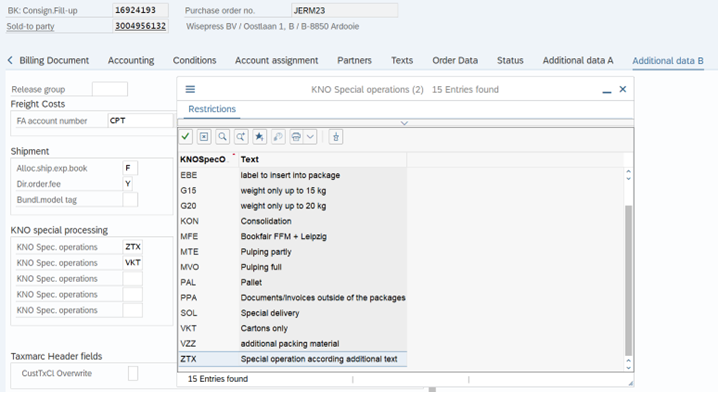 a screenshot of the header,>Additional data B” tab>KNO Spec. operations. input ZTX 