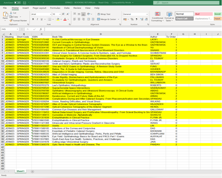 a screenshot of order spreadsheet