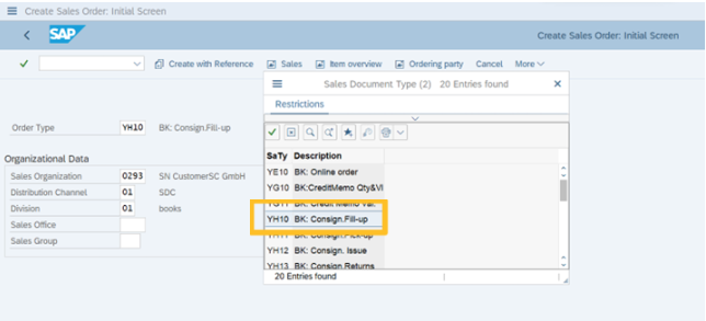 a screenshot of Transaction: VA01, choosing YH10 (BK: Consign. Fill-up)