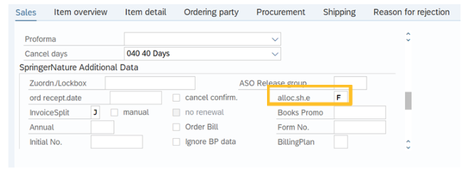 a screenshot of  “Sales” tab and field “alloc.sh.e” has “F”