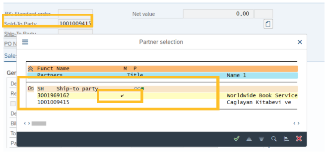 a screenshot of  ship-to party Partner Selection