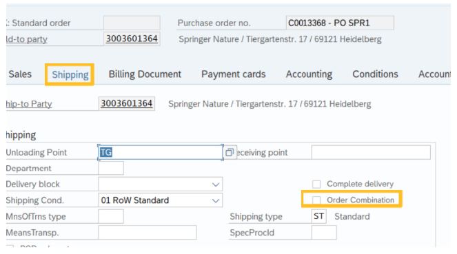 a screenshot of  “Shipping" tab and Order Combination selection