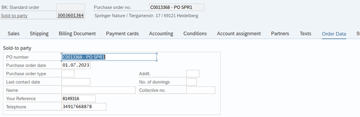 a screenshot of  “Order Data” tab and "Your Reference” field
