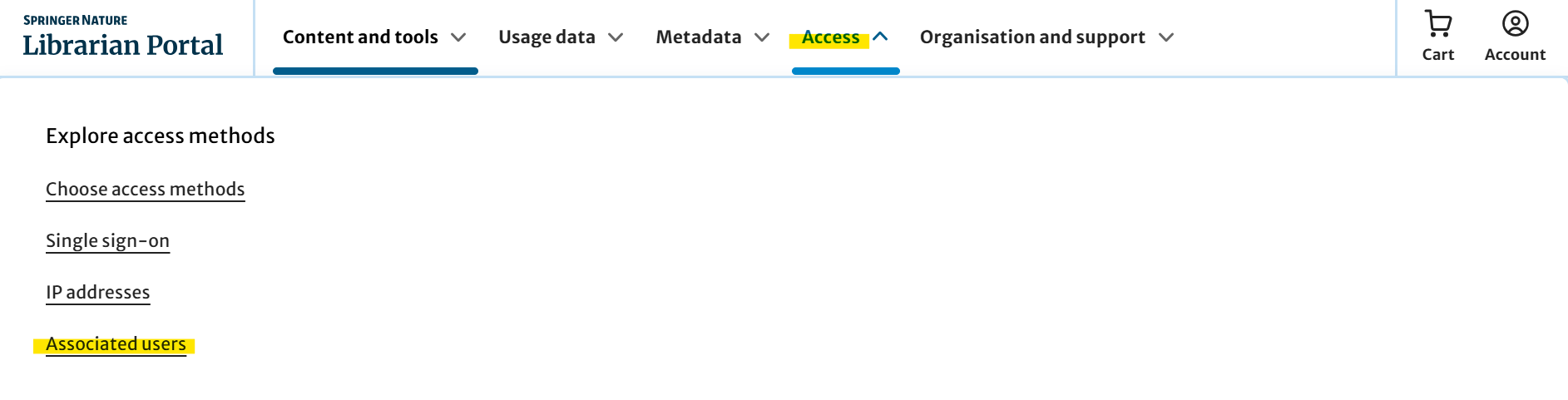 Springer Nature Librarian Portal Access page with a top navigation menu and access options listed on the left panel.