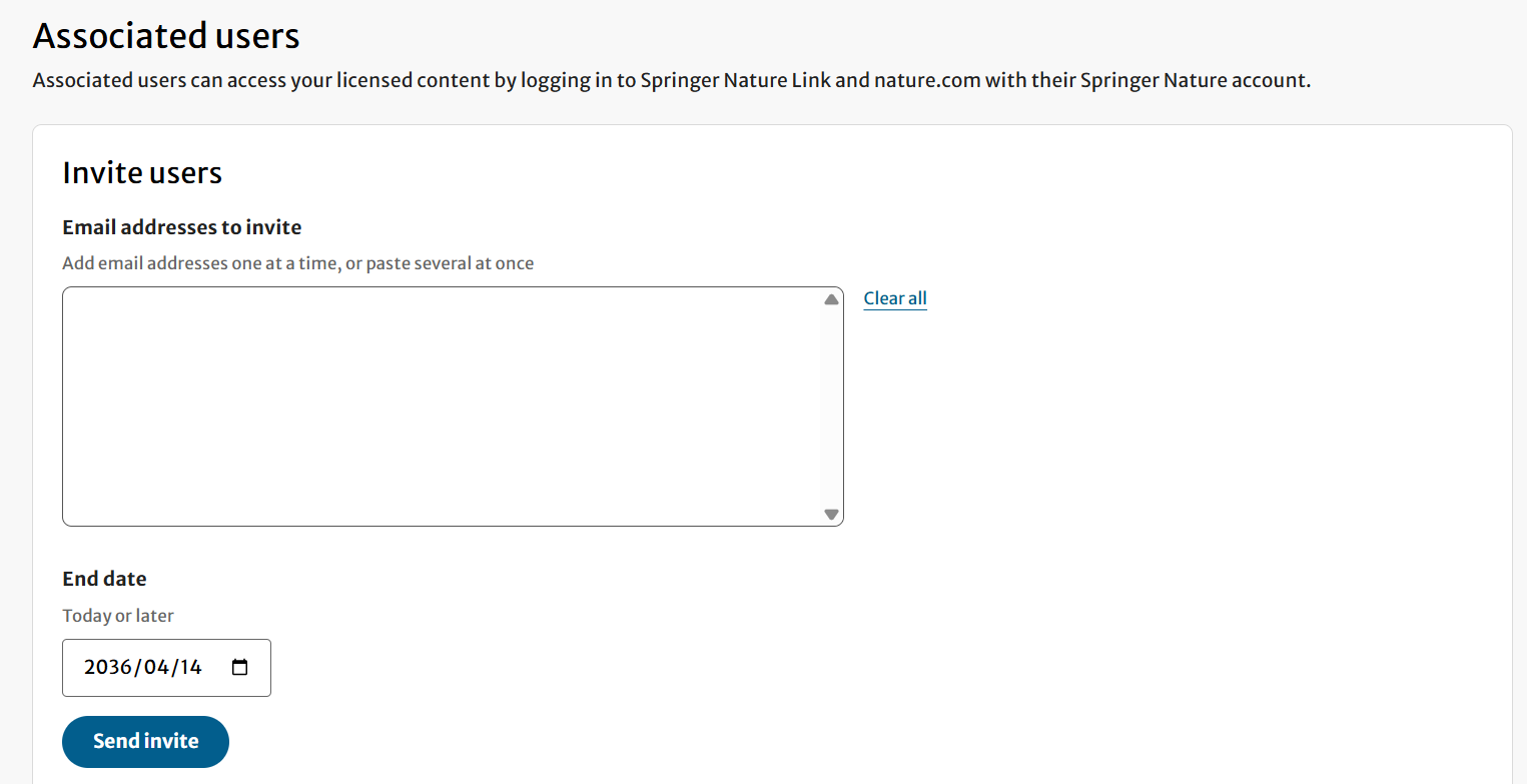 Associated users page in the Springer Nature Librarian Portal displaying an Invite users section, including a field to add email addresses, an end date selector, and a Send invite button.