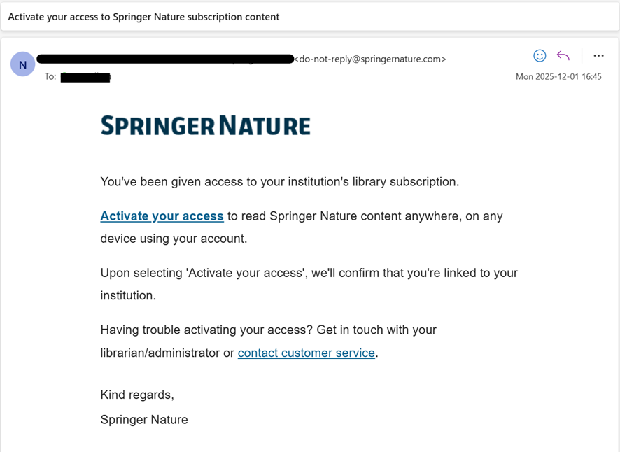 機関の図書館サブスクリプションへのアクセスが付与されたことを通知し、『Activate your access』リンクとサポート連絡先を含む Springer Nature からの英語のメール。