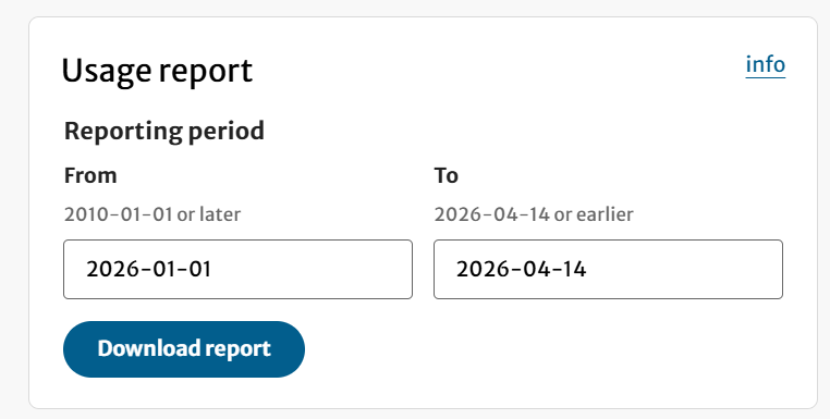 Usage report screen showing a reporting period selection with From and To date fields and a “Download report” button.