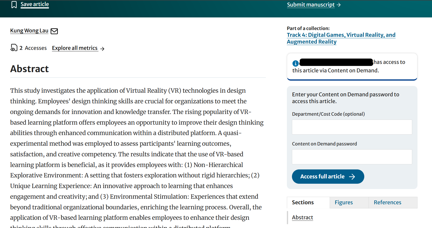 Article abstract page showing the abstract text on the left and a Content on Demand access panel on the right, including fields for Department/Cost Code and password, and an “Access full article” button.