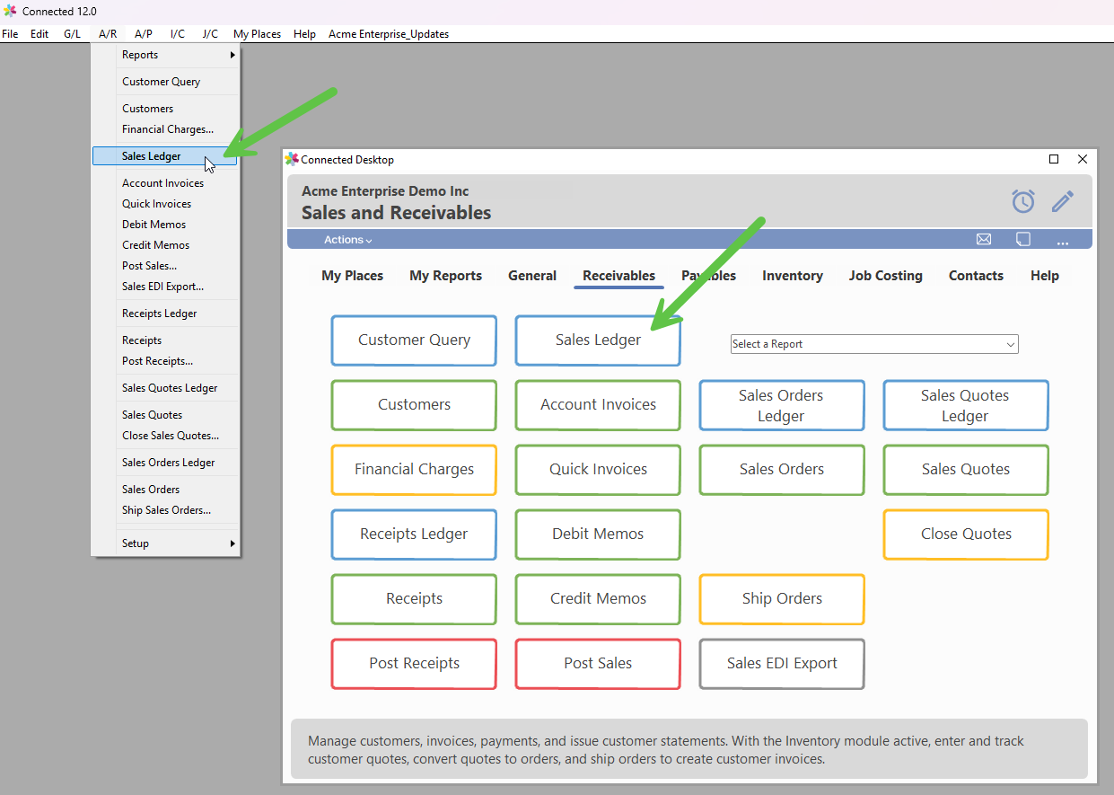 Menu path to access the Sales Ledger window