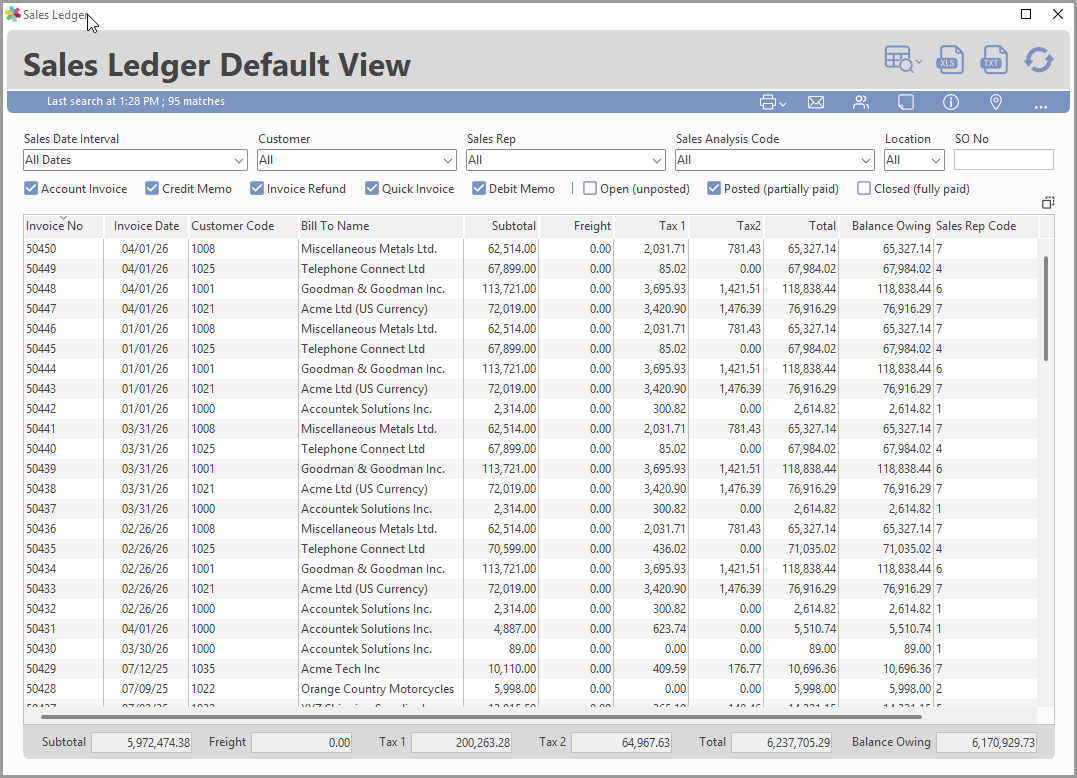 Sales Ledger default view showing unpaid invoices
