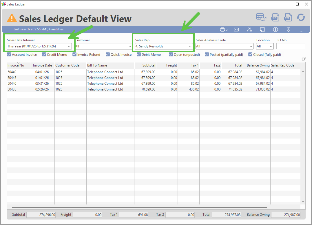 Sample Sales Ledger view filtered for sales this year by sales rep