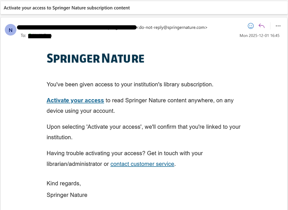 Springer Nature 发送的电子邮件，通知收件人已授予其访问机构图书馆订阅的权限，邮件中包含“激活您的访问权限”链接以及支持联系信息。