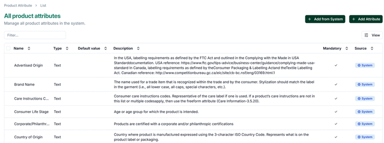 Title: System attributes list - Description: System attributes list