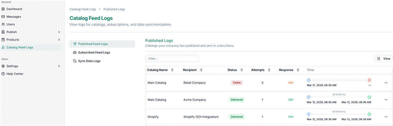 Title: Catalog feed logs - Description: Catalog feed logs