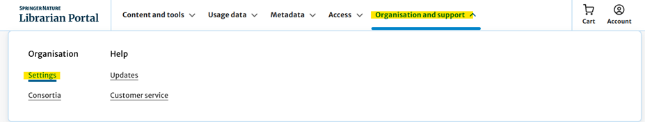 Springer Nature Librarian Portalの「Organisation and support」メニューを開いた画面。SettingsやCustomer serviceなどの項目が表示されている。