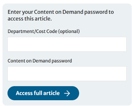 Content on Demandのパスワード入力画面。「この記事にアクセスするにはContent on Demandのパスワードを入力してください」という案内文と、部門／コストコード（任意）の入力欄、パスワード入力欄、「Access full article」ボタンが表示されている。
